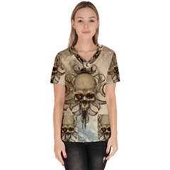 Awesome Creepy Skull With  Wings Scrub Top by FantasyWorld7