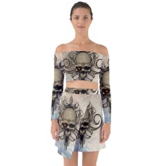 Awesome Creepy Skull With  Wings Off Shoulder Top With Skirt Set by FantasyWorld7