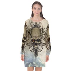 Awesome Creepy Skull With  Wings Long Sleeve Chiffon Shift Dress  by FantasyWorld7