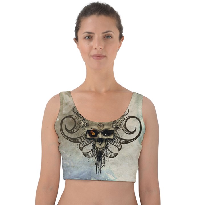 Awesome Creepy Skull With  Wings Velvet Crop Top