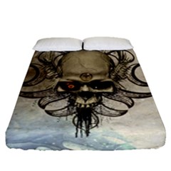 Awesome Creepy Skull With  Wings Fitted Sheet (queen Size) by FantasyWorld7