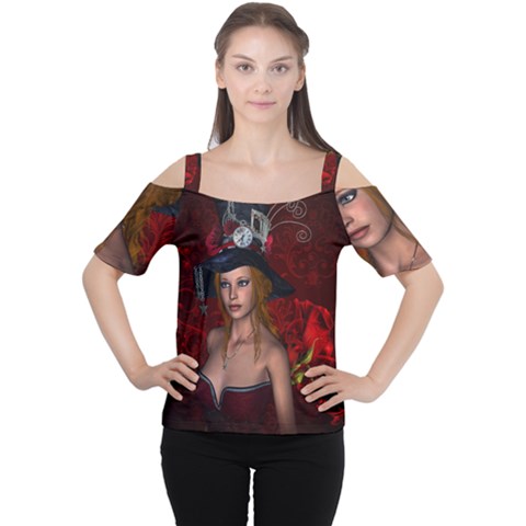 Beautiful Fantasy Women With Floral Elements Cutout Shoulder Tee by FantasyWorld7