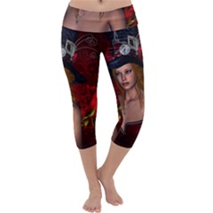 Beautiful Fantasy Women With Floral Elements Capri Yoga Leggings