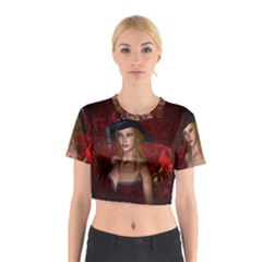 Beautiful Fantasy Women With Floral Elements Cotton Crop Top by FantasyWorld7