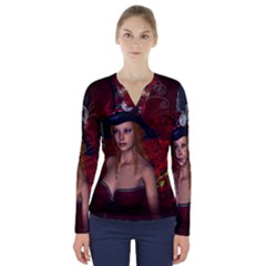 Beautiful Fantasy Women With Floral Elements V-Neck Long Sleeve Top