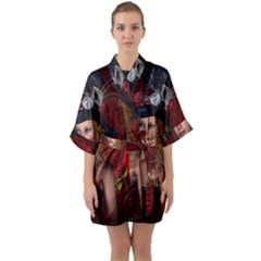 Beautiful Fantasy Women With Floral Elements Quarter Sleeve Kimono Robe