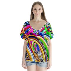 Colorful Bicycles In A Row V-neck Flutter Sleeve Top by FunnyCow