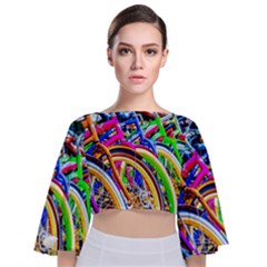 Colorful Bicycles In A Row Tie Back Butterfly Sleeve Chiffon Top