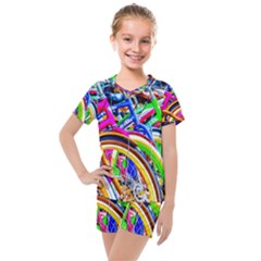 Colorful Bicycles In A Row Kids  Mesh Tee And Shorts Set