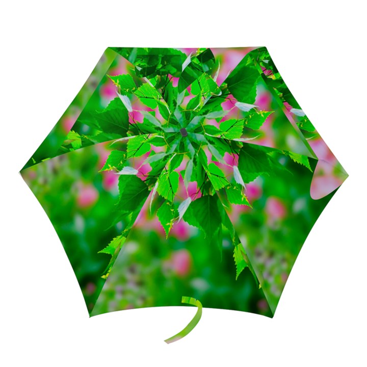 Green Birch Leaves, Pink Flowers Mini Folding Umbrellas