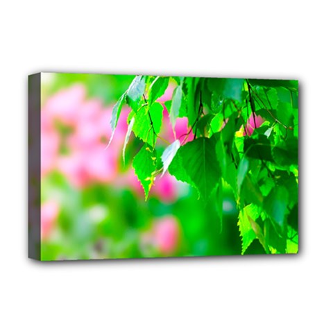 Green Birch Leaves, Pink Flowers Deluxe Canvas 18  x 12  