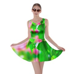 Green Birch Leaves, Pink Flowers Skater Dress