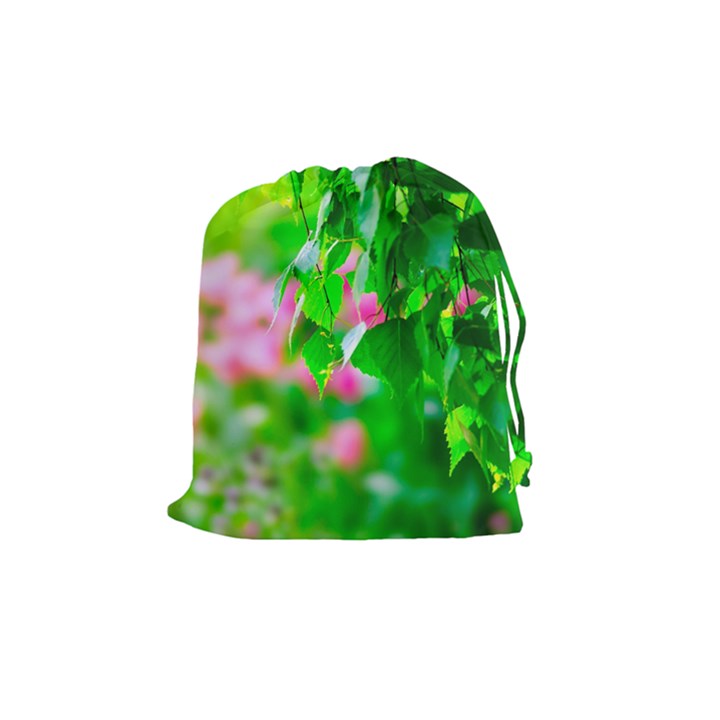 Green Birch Leaves, Pink Flowers Drawstring Pouches (Medium) 