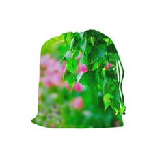 Green Birch Leaves, Pink Flowers Drawstring Pouches (Large) 