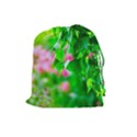 Green Birch Leaves, Pink Flowers Drawstring Pouches (Large)  View1