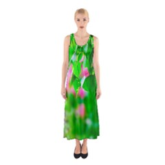 Green Birch Leaves, Pink Flowers Sleeveless Maxi Dress