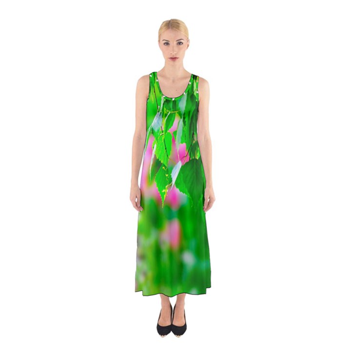 Green Birch Leaves, Pink Flowers Sleeveless Maxi Dress