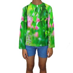 Green Birch Leaves, Pink Flowers Kids  Long Sleeve Swimwear