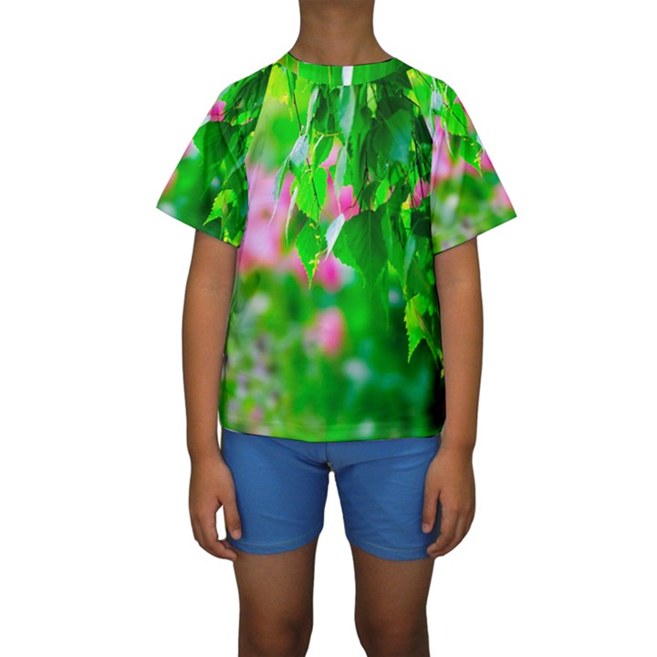 Green Birch Leaves, Pink Flowers Kids  Short Sleeve Swimwear