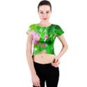 Green Birch Leaves, Pink Flowers Crew Neck Crop Top View1