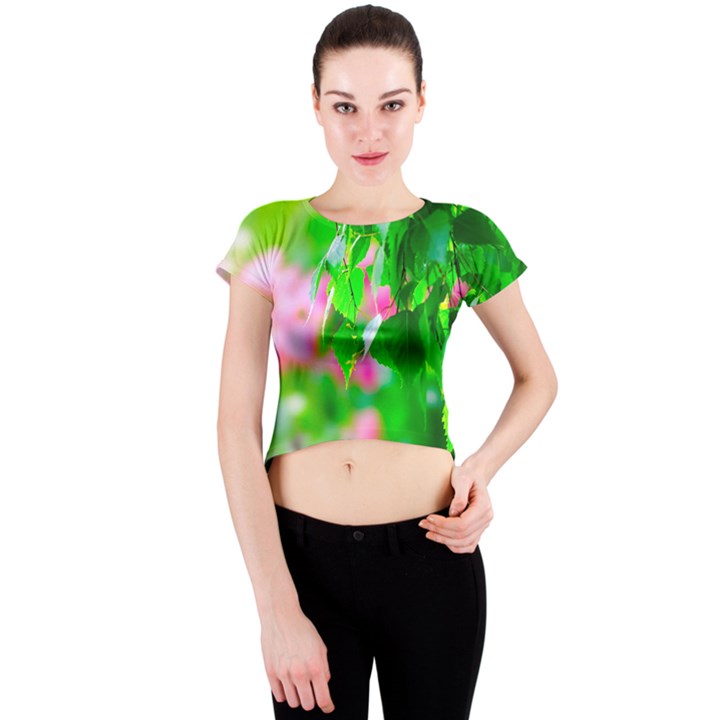 Green Birch Leaves, Pink Flowers Crew Neck Crop Top