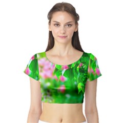 Green Birch Leaves, Pink Flowers Short Sleeve Crop Top by FunnyCow