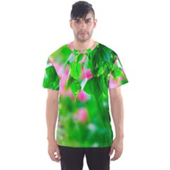 Green Birch Leaves, Pink Flowers Men s Sports Mesh Tee