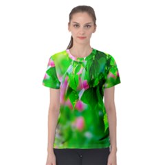 Green Birch Leaves, Pink Flowers Women s Sport Mesh Tee