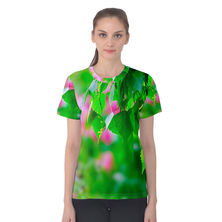 Green Birch Leaves, Pink Flowers Women s Cotton Tee