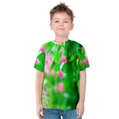 Green Birch Leaves, Pink Flowers Kids  Cotton Tee