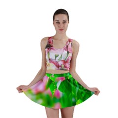 Green Birch Leaves, Pink Flowers Mini Skirt by FunnyCow