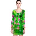 Green Birch Leaves, Pink Flowers Long Sleeve Bodycon Dress View1