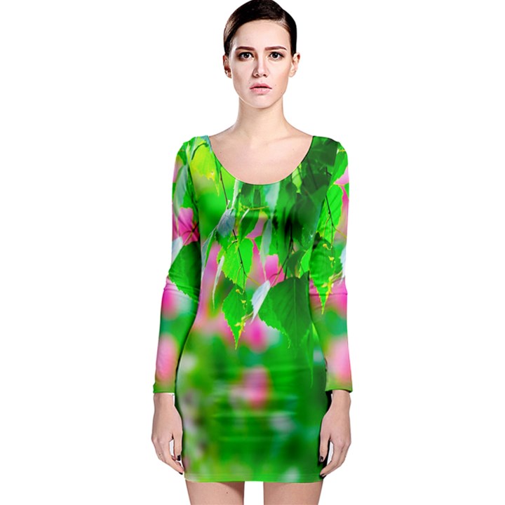 Green Birch Leaves, Pink Flowers Long Sleeve Bodycon Dress