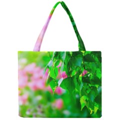 Green Birch Leaves, Pink Flowers Mini Tote Bag