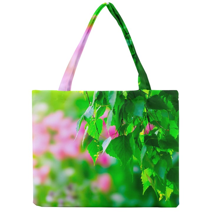 Green Birch Leaves, Pink Flowers Mini Tote Bag