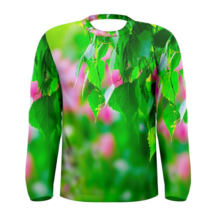 Green Birch Leaves, Pink Flowers Men s Long Sleeve Tee