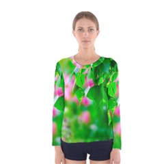 Green Birch Leaves, Pink Flowers Women s Long Sleeve Tee