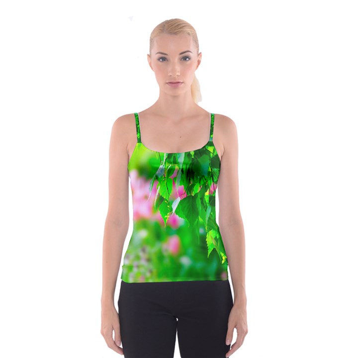 Green Birch Leaves, Pink Flowers Spaghetti Strap Top