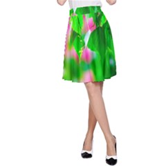 Green Birch Leaves, Pink Flowers A-line Skirt by FunnyCow