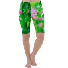 Green Birch Leaves, Pink Flowers Cropped Leggings 