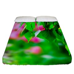 Green Birch Leaves, Pink Flowers Fitted Sheet (Queen Size)