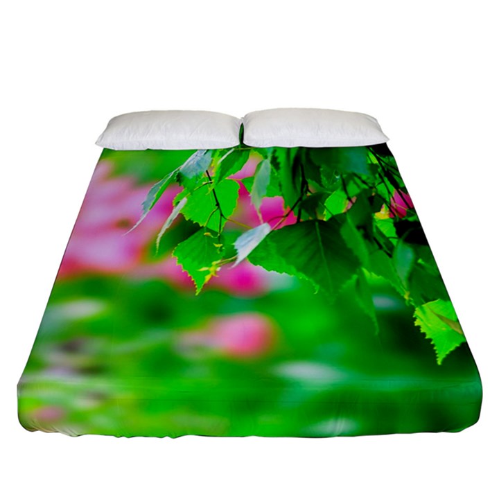 Green Birch Leaves, Pink Flowers Fitted Sheet (California King Size)