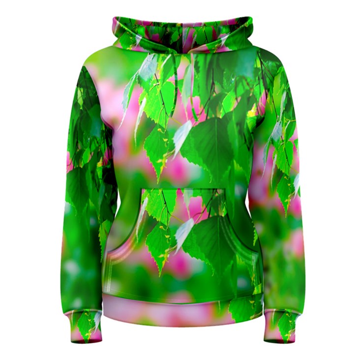 Green Birch Leaves, Pink Flowers Women s Pullover Hoodie