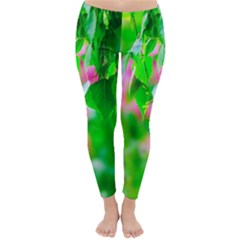 Green Birch Leaves, Pink Flowers Classic Winter Leggings by FunnyCow