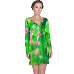 Green Birch Leaves, Pink Flowers Long Sleeve Nightdress by FunnyCow