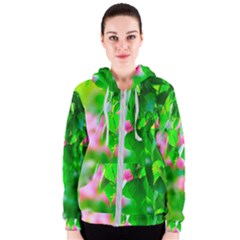 Green Birch Leaves, Pink Flowers Women s Zipper Hoodie