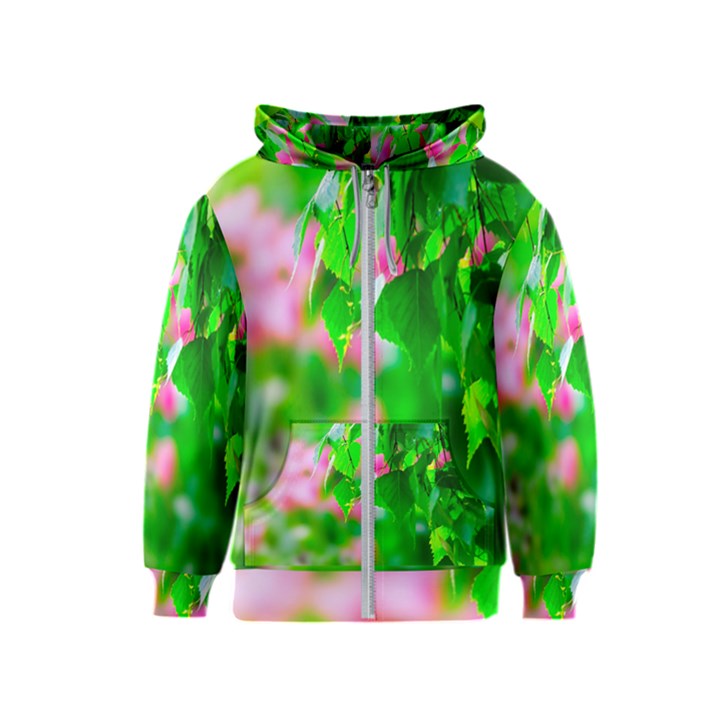 Green Birch Leaves, Pink Flowers Kids  Zipper Hoodie