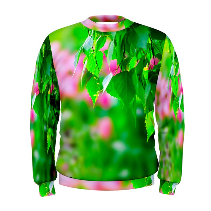 Green Birch Leaves, Pink Flowers Men s Sweatshirt