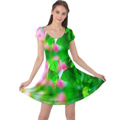 Green Birch Leaves, Pink Flowers Cap Sleeve Dress