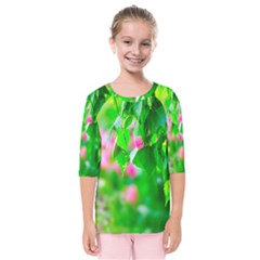 Green Birch Leaves, Pink Flowers Kids  Quarter Sleeve Raglan Tee